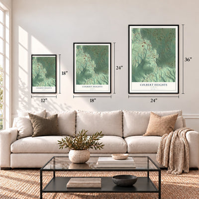 Colbert Heights, Alabama map in 12 x 18, 18 x 24 and 24 x 36 inch sizes above a sofa
