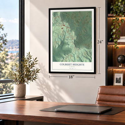 Colbert Heights, Alabama map, 18 x 24 inch print in a black frame in a home office