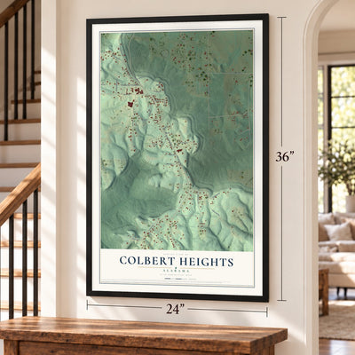 Colbert Heights, Alabama map, 24 x 36 inch print in a black frame by a staircase