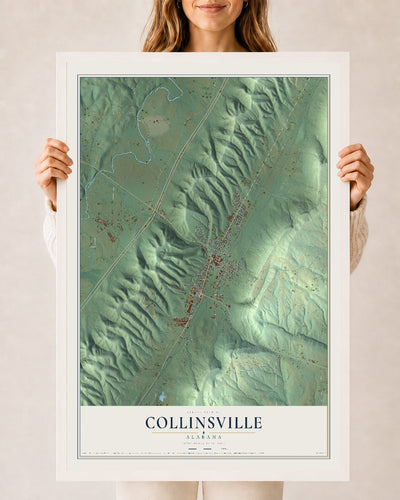 Map of Collinsville, Alabama, 24 x 36 inch print in a white wood frame