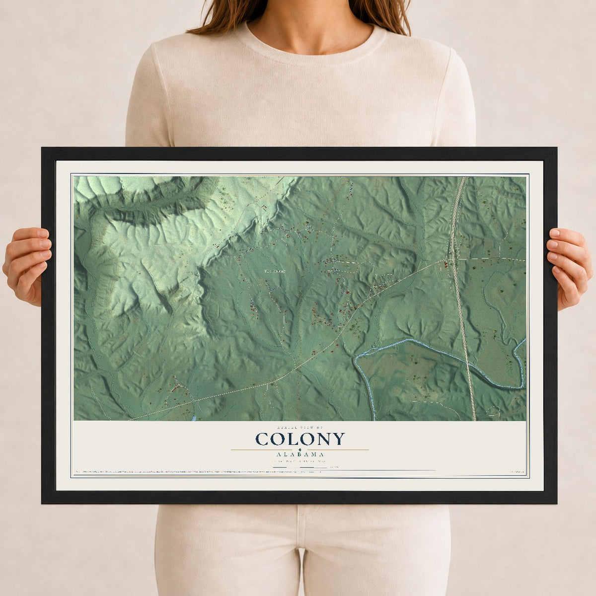 Map of Colony, Alabama, 12 x 18 inch print in a black wood frame
