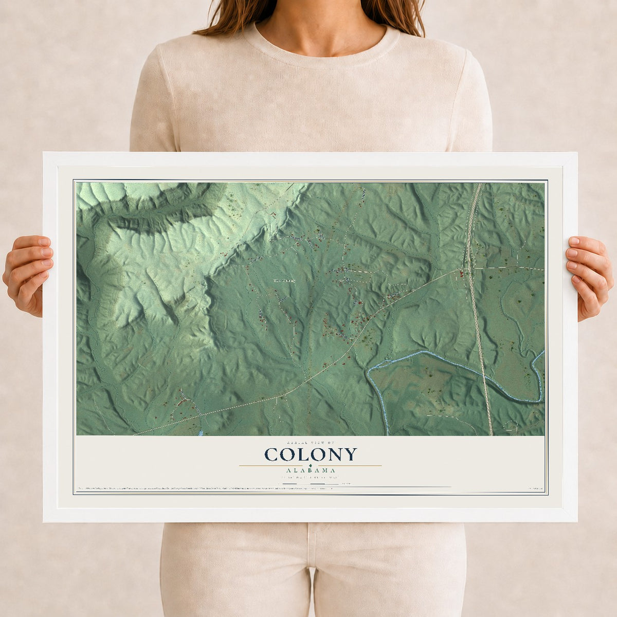 Map of Colony, Alabama, 12 x 18 inch print in a white wood frame