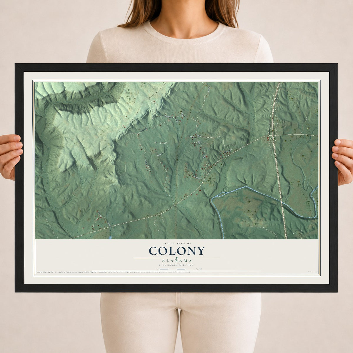 Map of Colony, Alabama, 18 x 24 inch print in a black wood frame