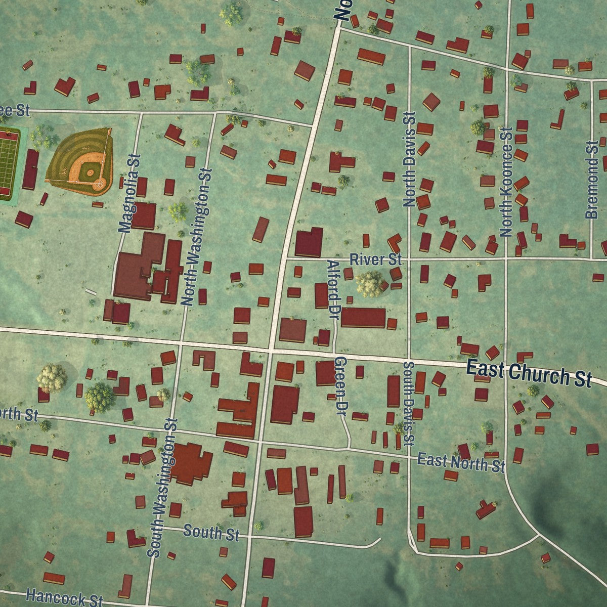Close-up of the map of Columbia, Alabama print showing street and building detail