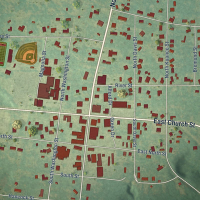 Close-up of the map of Columbia, Alabama print showing street and building detail