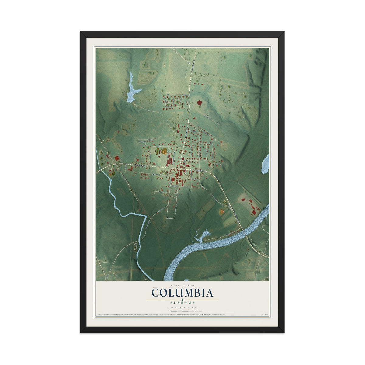 Map of Columbia, Alabama, 12 x 18 inch print in a black wood frame