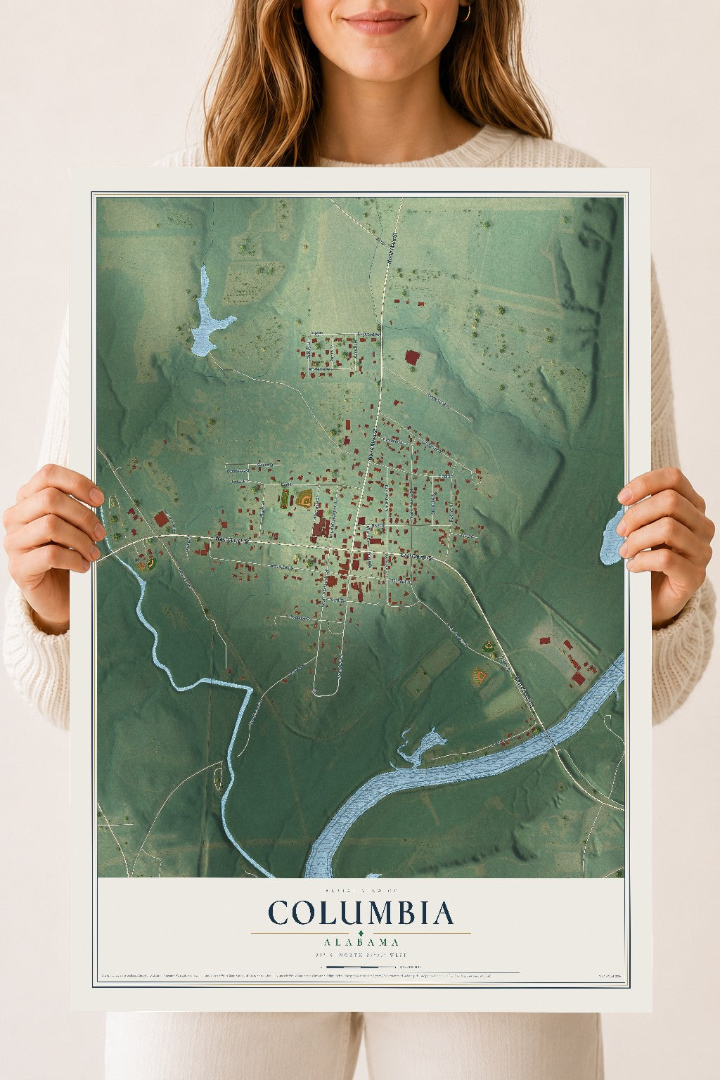 Map of Columbia, Alabama, 18 x 24 inch unframed archival matte print