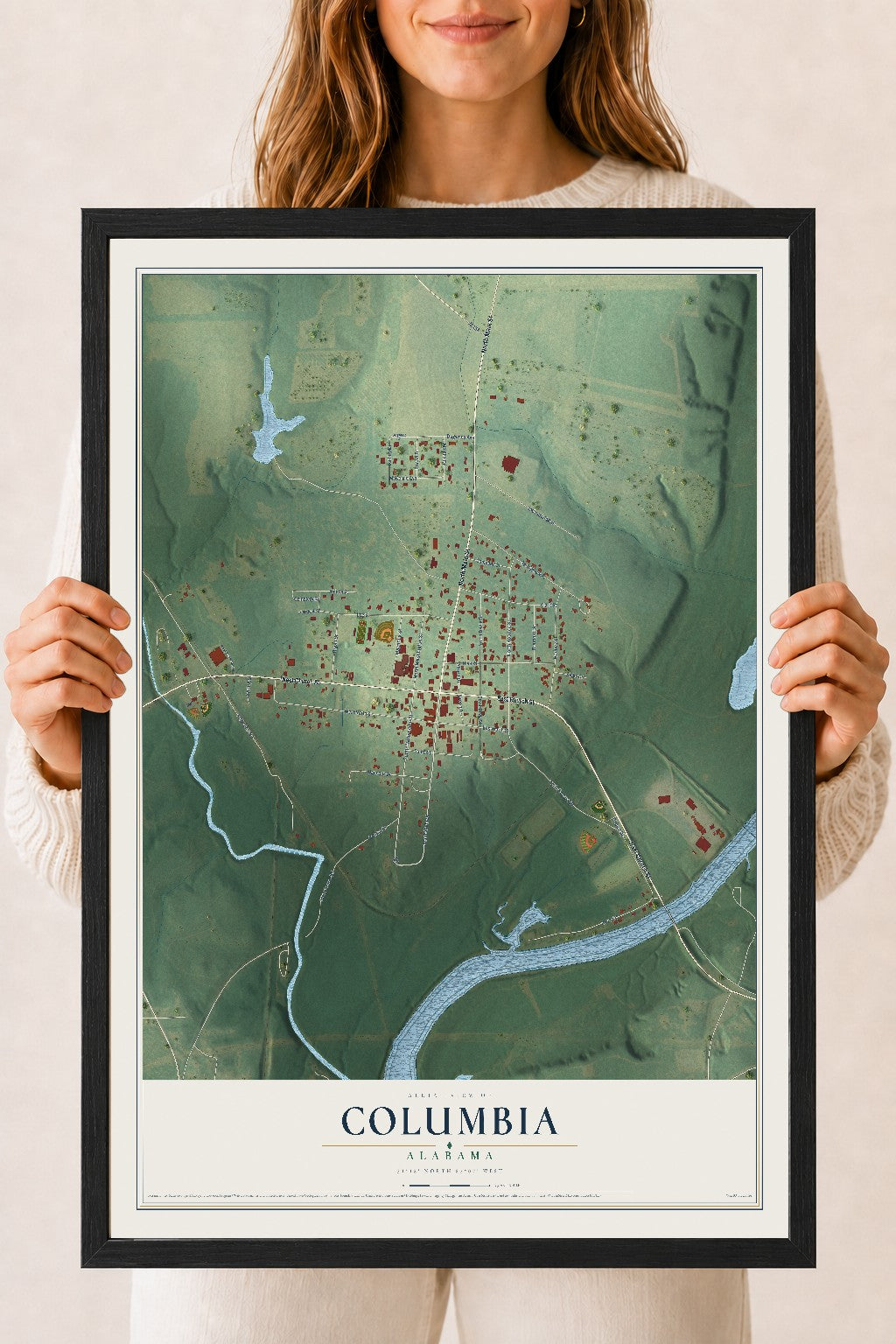 Map of Columbia, Alabama, 18 x 24 inch print in a black wood frame