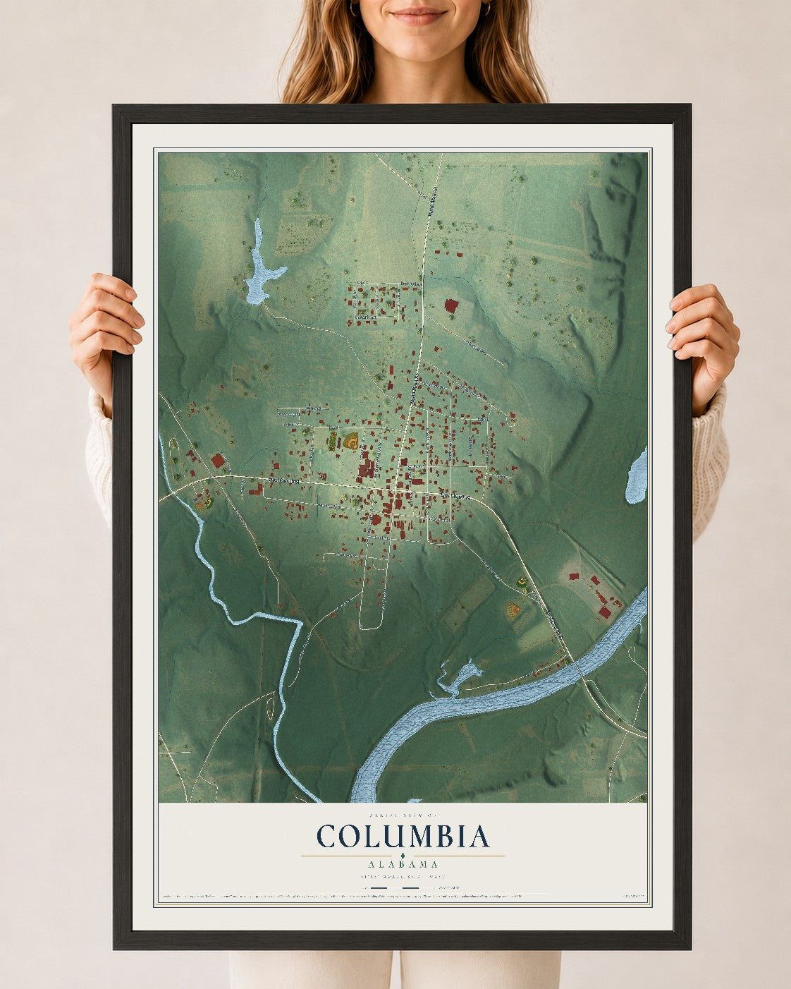 Map of Columbia, Alabama, 24 x 36 inch print in a black wood frame