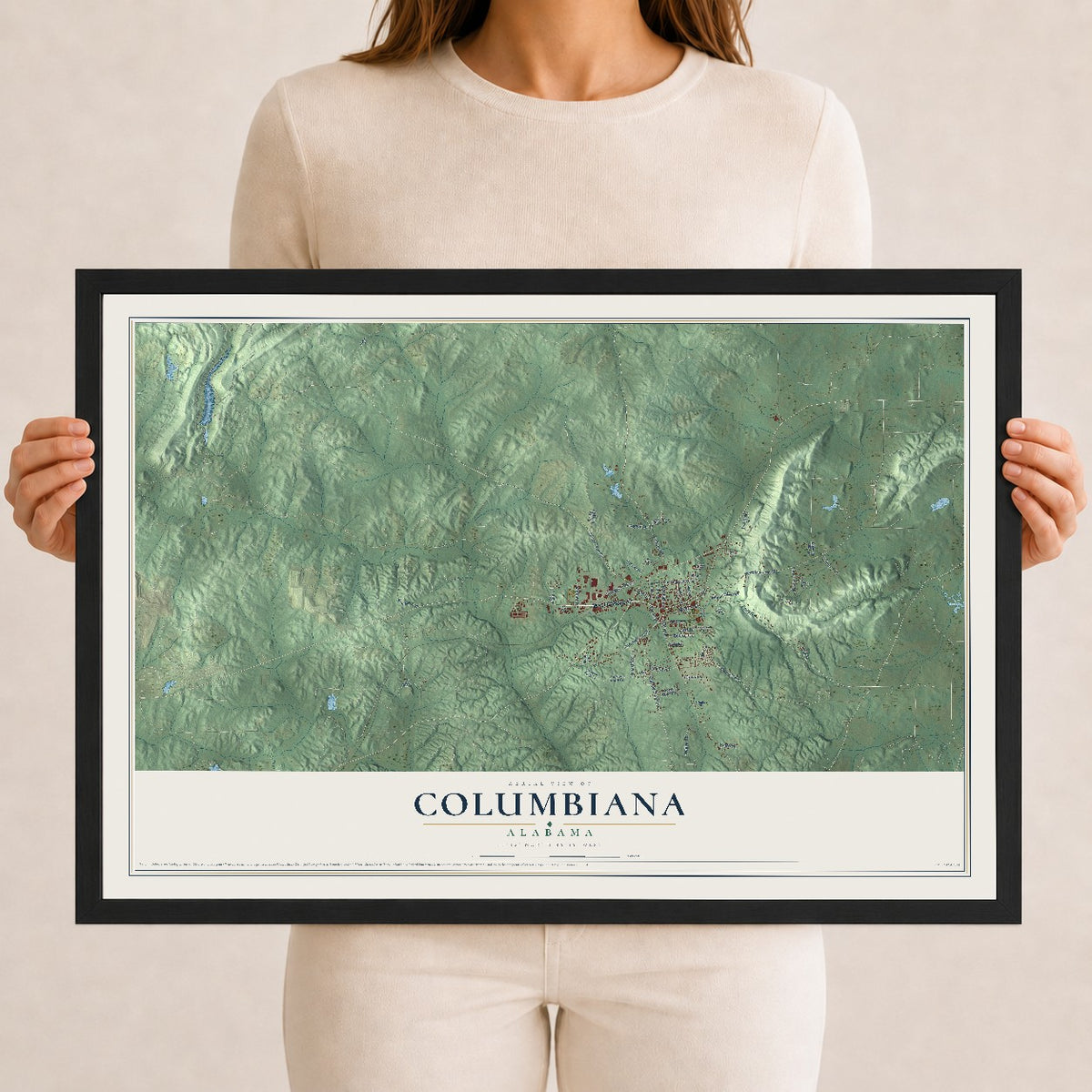 Map of Columbiana, Alabama, 12 x 18 inch print in a black wood frame