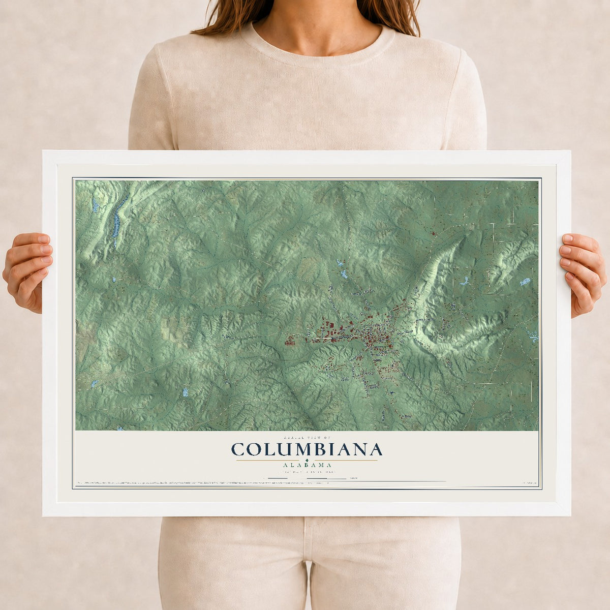 Map of Columbiana, Alabama, 12 x 18 inch print in a white wood frame
