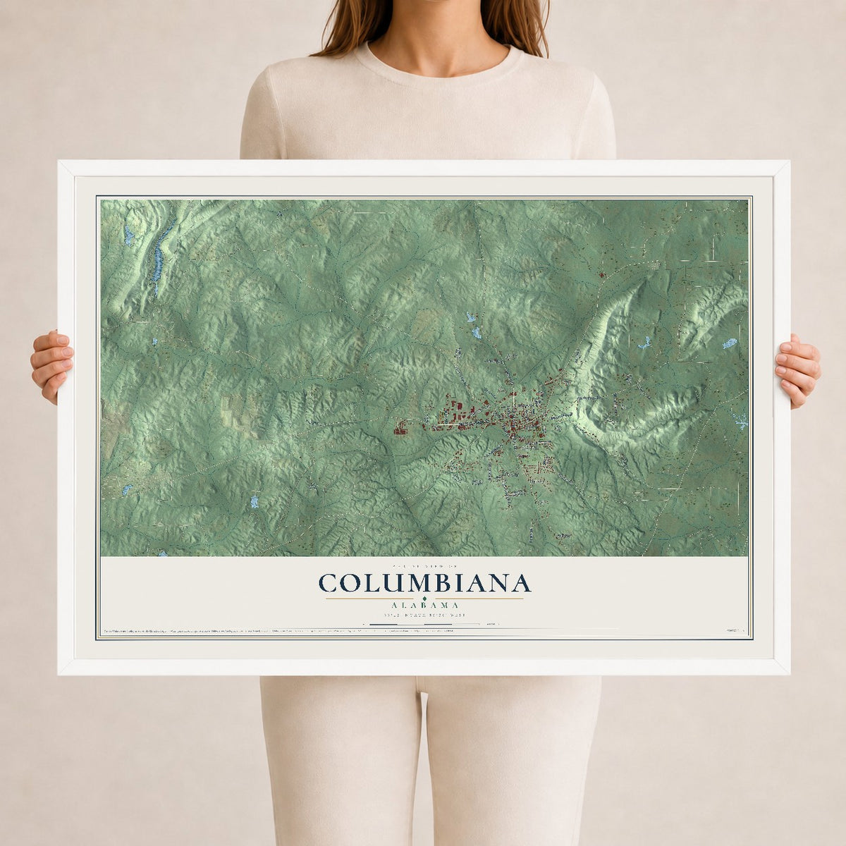 Map of Columbiana, Alabama, 24 x 36 inch print in a white wood frame