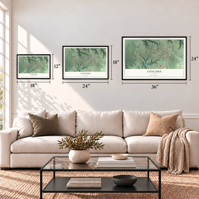 Concord, Alabama map in 12 x 18, 18 x 24 and 24 x 36 inch sizes above a sofa