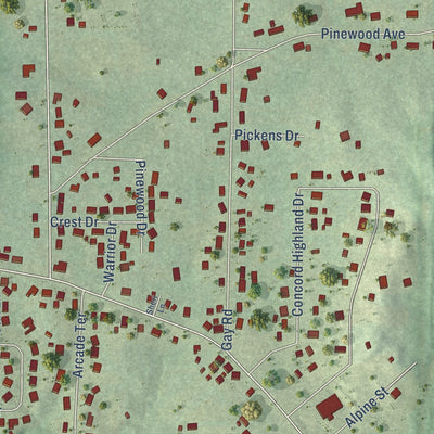 Close-up of the map of Concord, Alabama print showing street and building detail