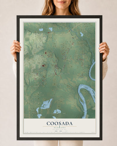 Map of Coosada, Alabama, 24 x 36 inch print in a black wood frame