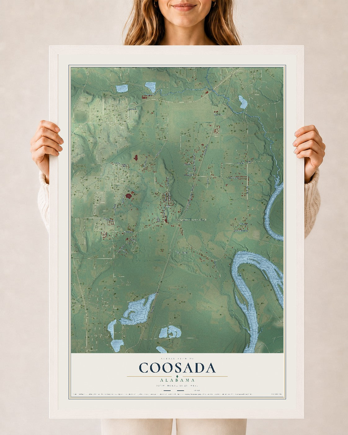 Map of Coosada, Alabama, 24 x 36 inch print in a white wood frame
