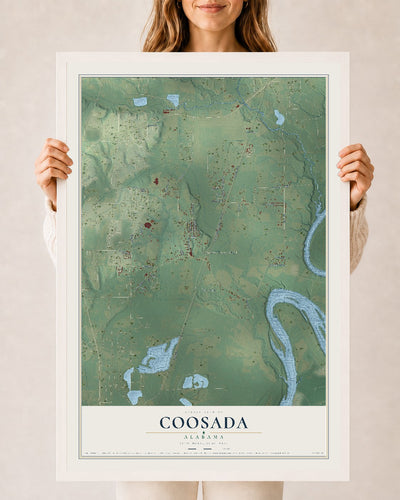 Map of Coosada, Alabama, 24 x 36 inch print in a white wood frame