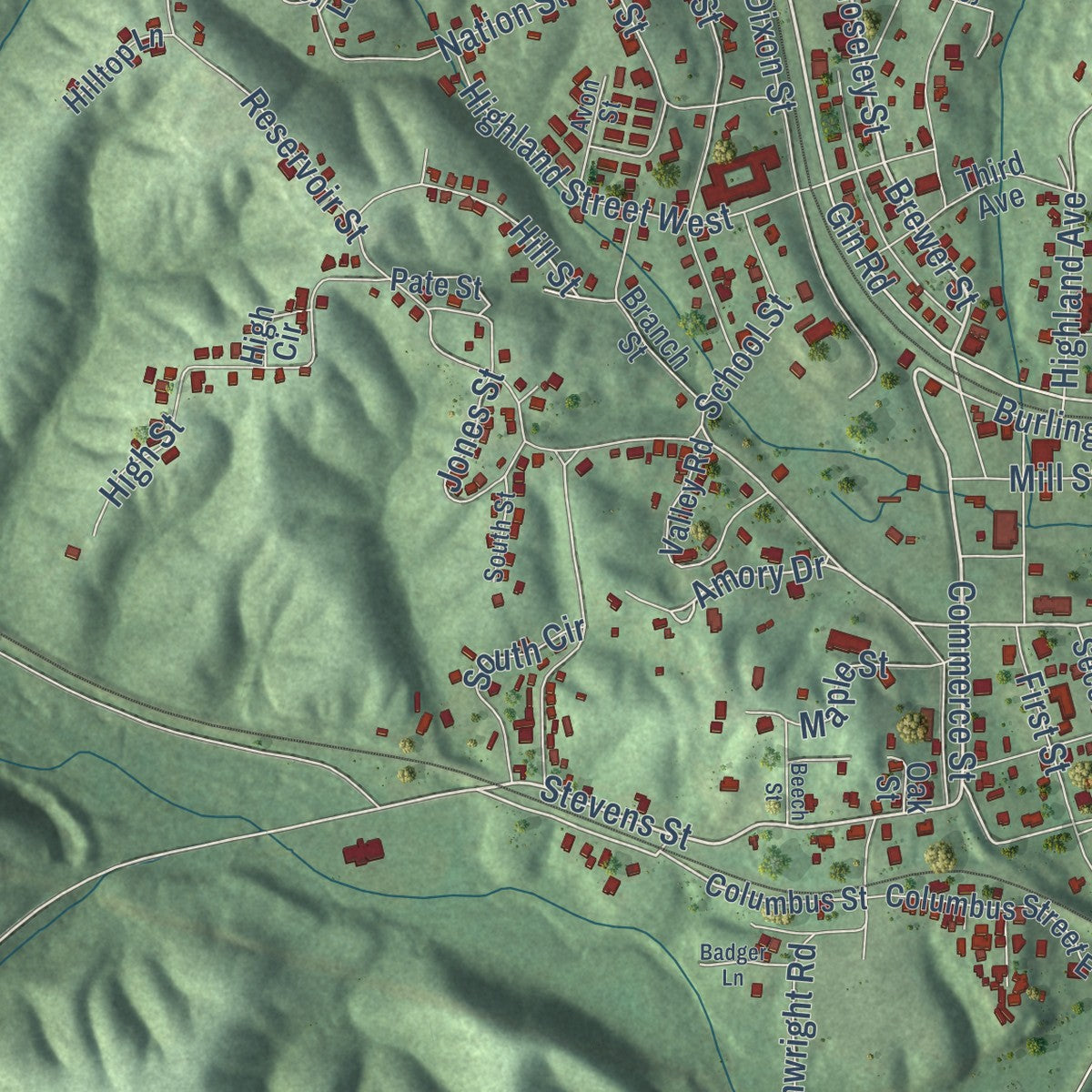 Close-up of the map of Cordova, Alabama print showing street and building detail