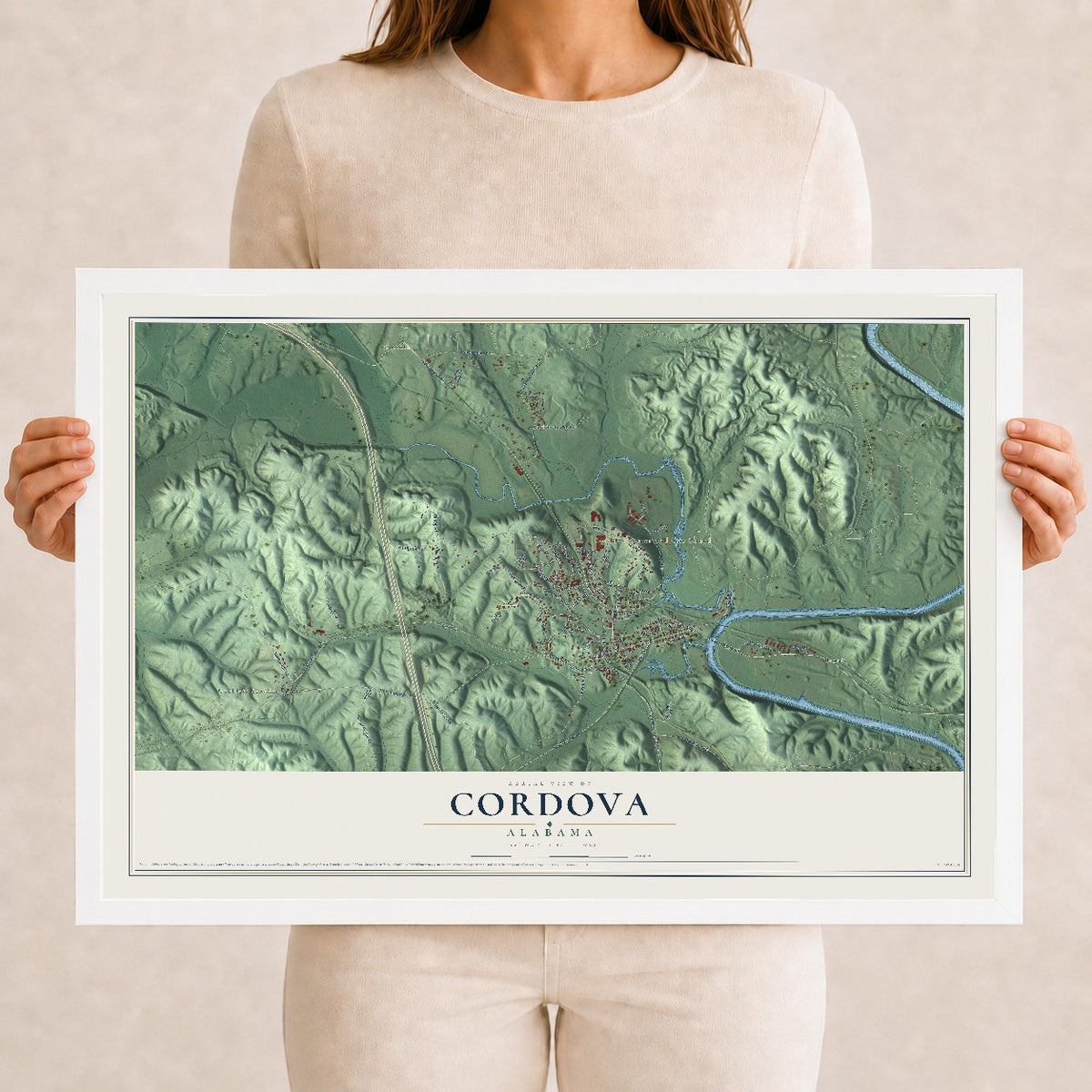 Map of Cordova, Alabama, 12 x 18 inch print in a white wood frame