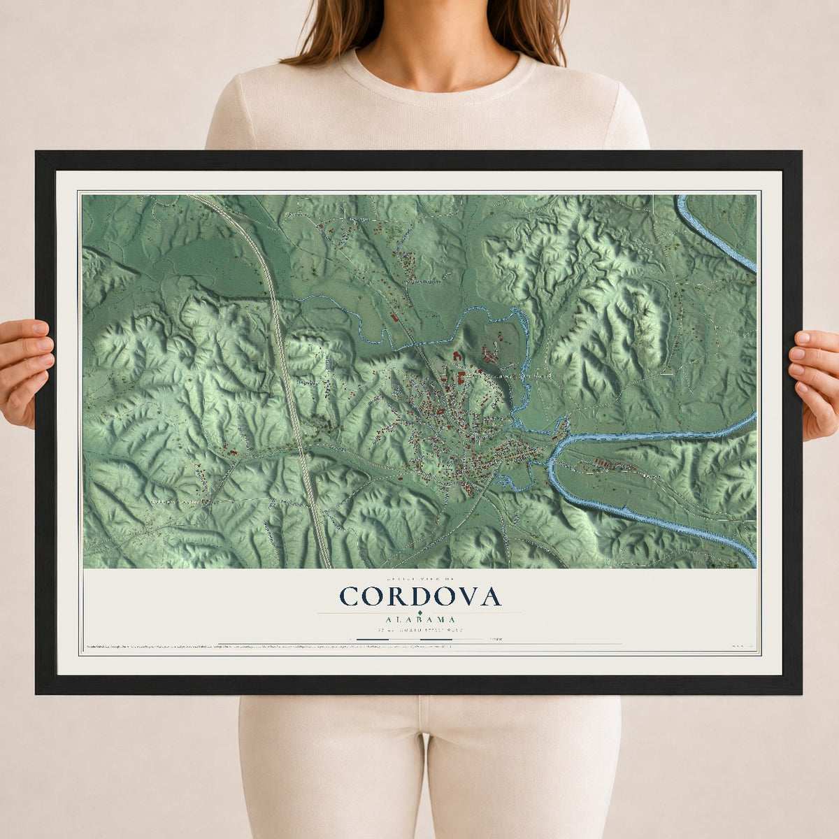Map of Cordova, Alabama, 18 x 24 inch print in a black wood frame