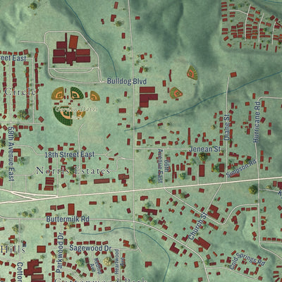 Close-up of the map of Cottondale, Alabama print showing street and building detail