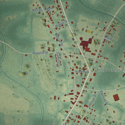 Close-up of the map of Cottonwood, Alabama print showing street and building detail