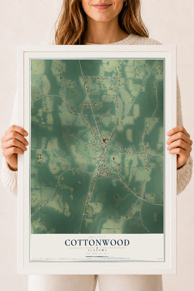 Map of Cottonwood, Alabama, 18 x 24 inch print in a white wood frame