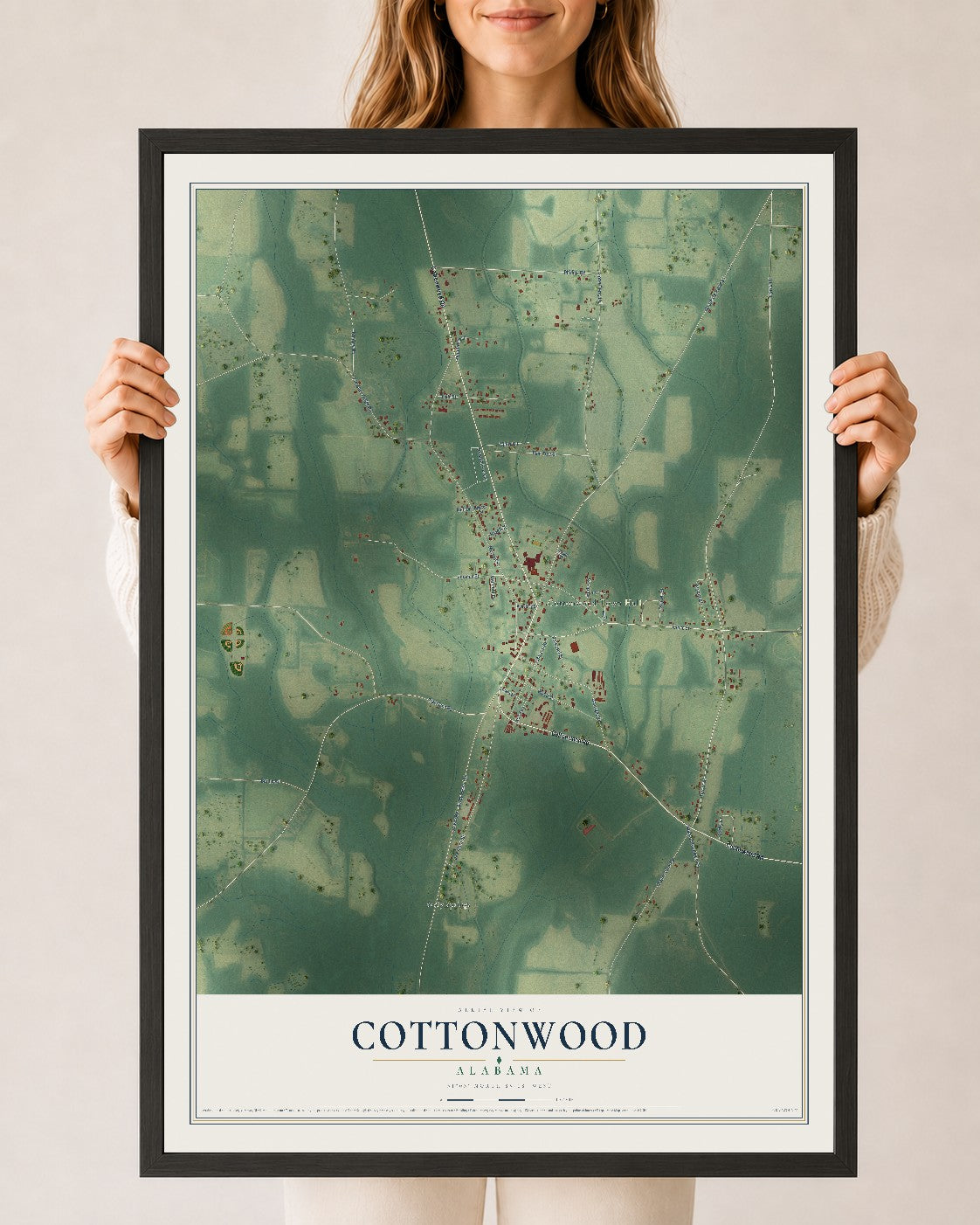 Map of Cottonwood, Alabama, 24 x 36 inch print in a black wood frame