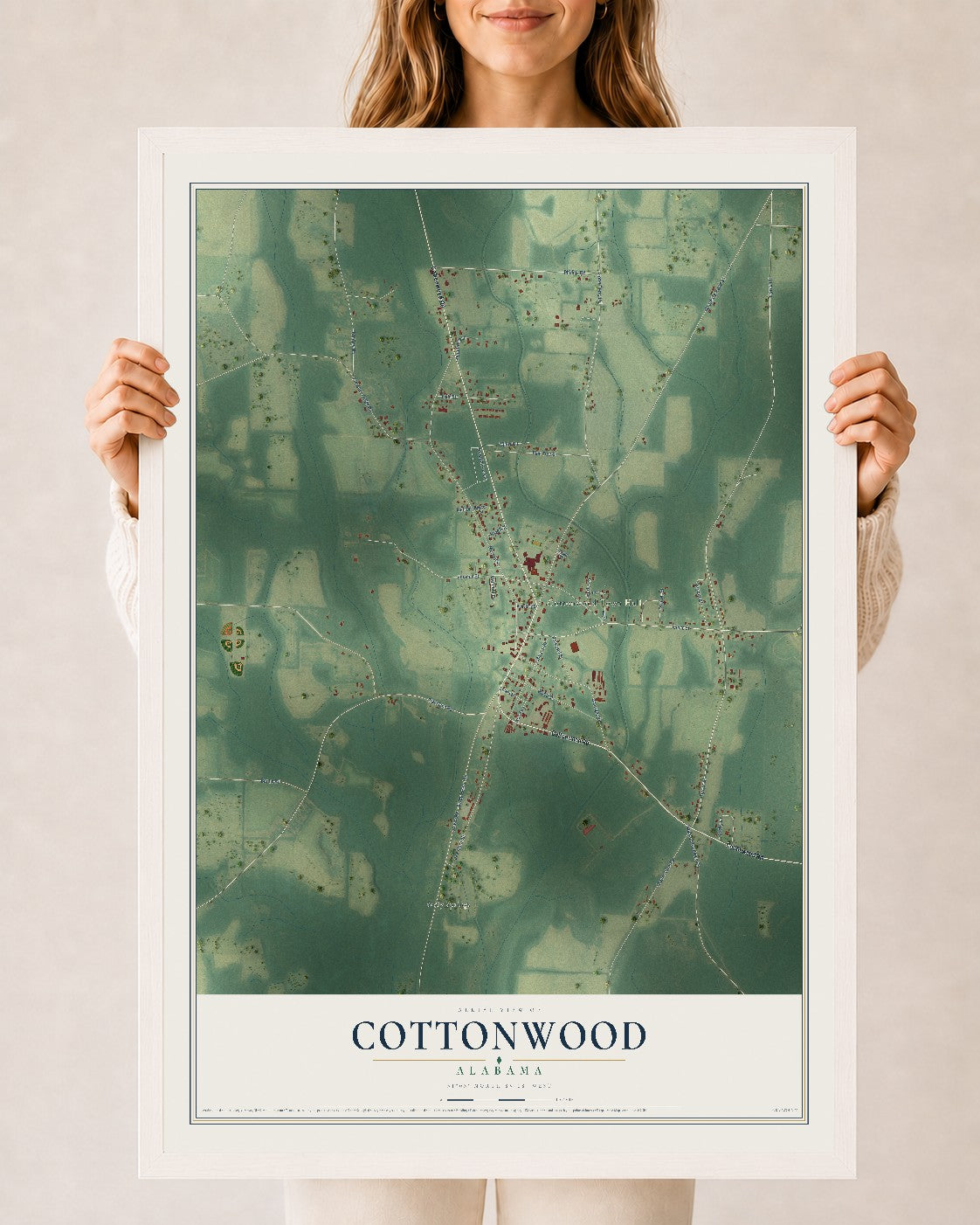 Map of Cottonwood, Alabama, 24 x 36 inch print in a white wood frame