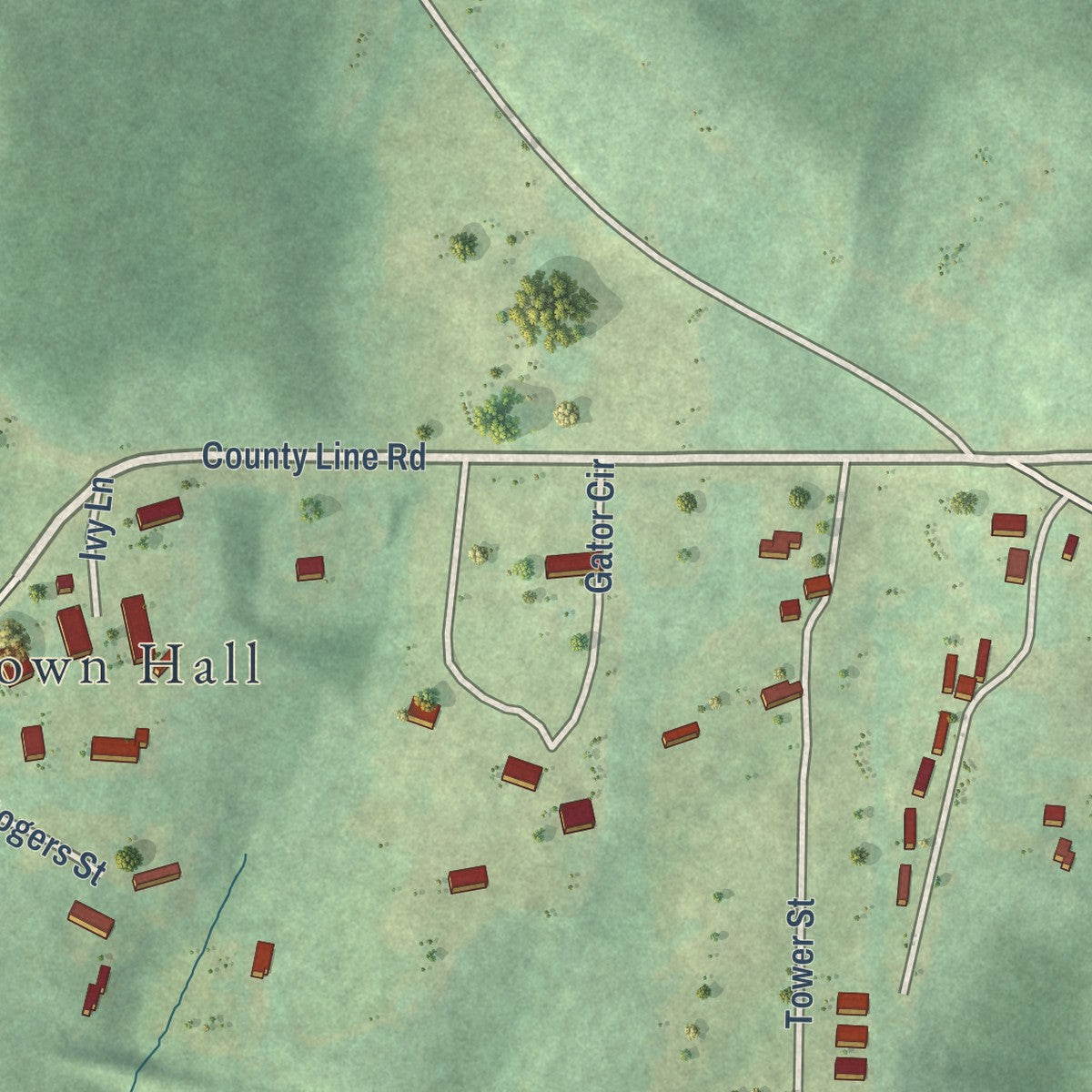 Second close-up of the map of County Line, Alabama print showing more streets and buildings