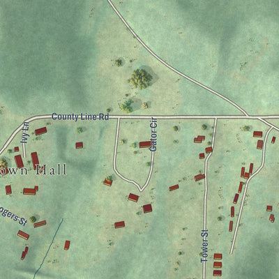 Second close-up of the map of County Line, Alabama print showing more streets and buildings