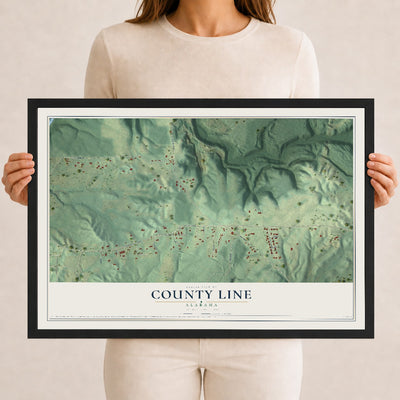 Map of County Line, Alabama, 12 x 18 inch print in a black wood frame