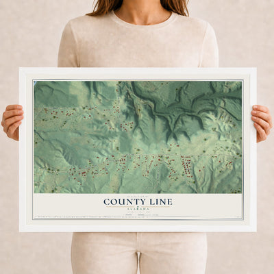 Map of County Line, Alabama, 12 x 18 inch print in a white wood frame