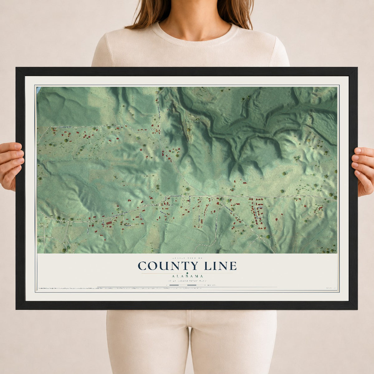 Map of County Line, Alabama, 18 x 24 inch print in a black wood frame