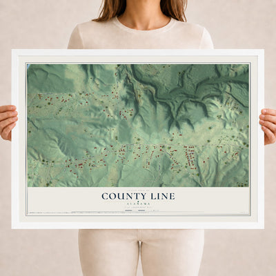 Map of County Line, Alabama, 18 x 24 inch print in a white wood frame