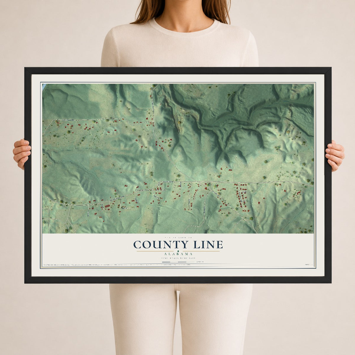 Map of County Line, Alabama, 24 x 36 inch print in a black wood frame