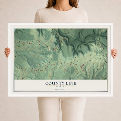 Map of County Line, Alabama, 24 x 36 inch print in a white wood frame
