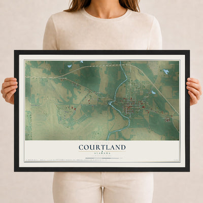 Map of Courtland, Alabama, 12 x 18 inch print in a black wood frame