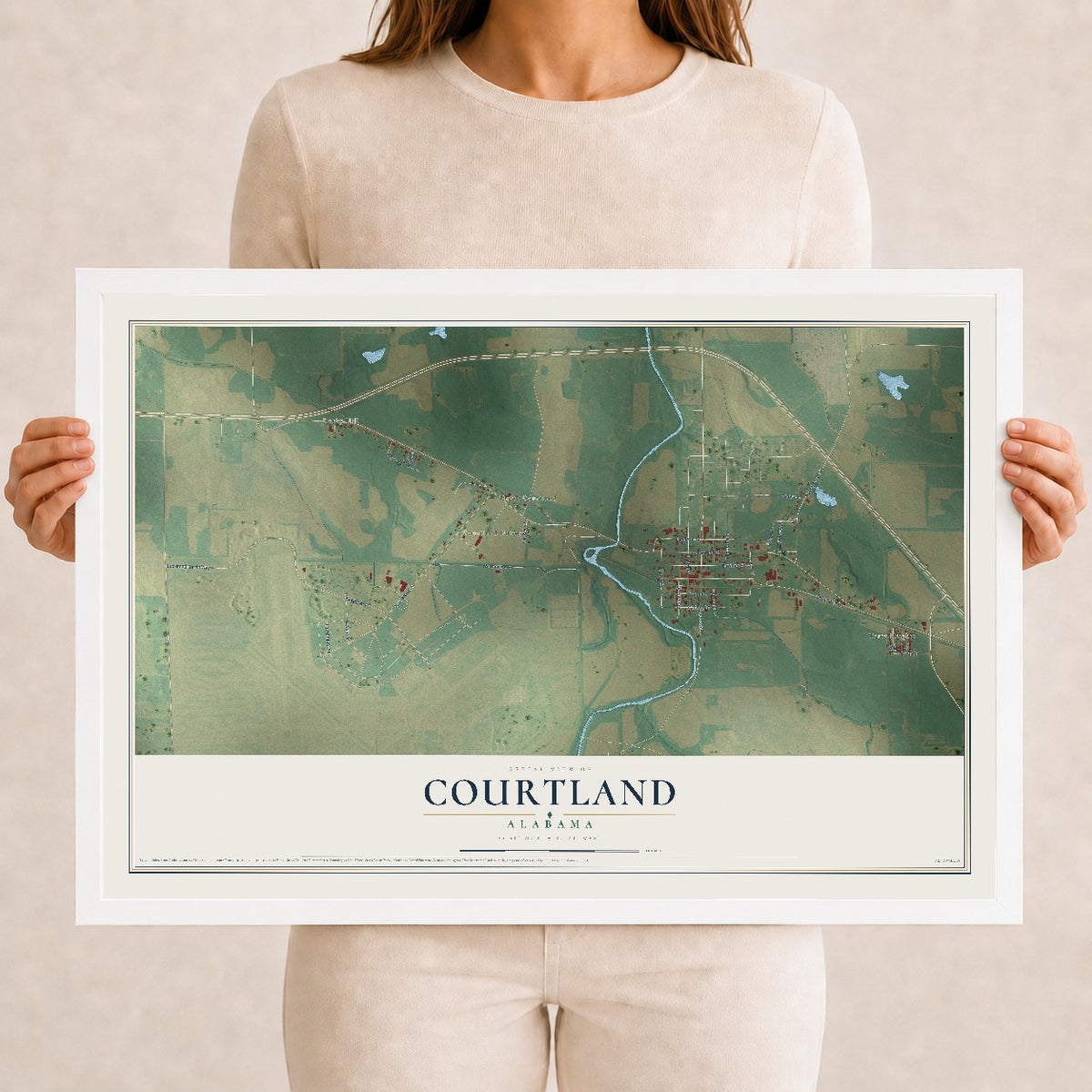 Map of Courtland, Alabama, 12 x 18 inch print in a white wood frame