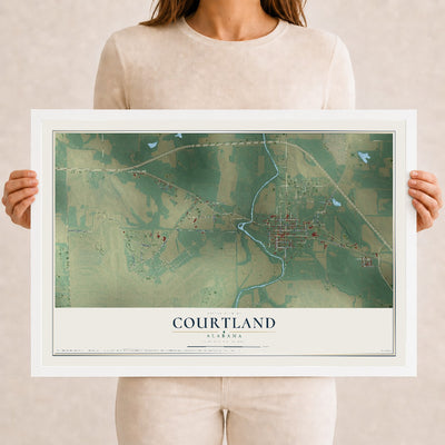 Map of Courtland, Alabama, 12 x 18 inch print in a white wood frame