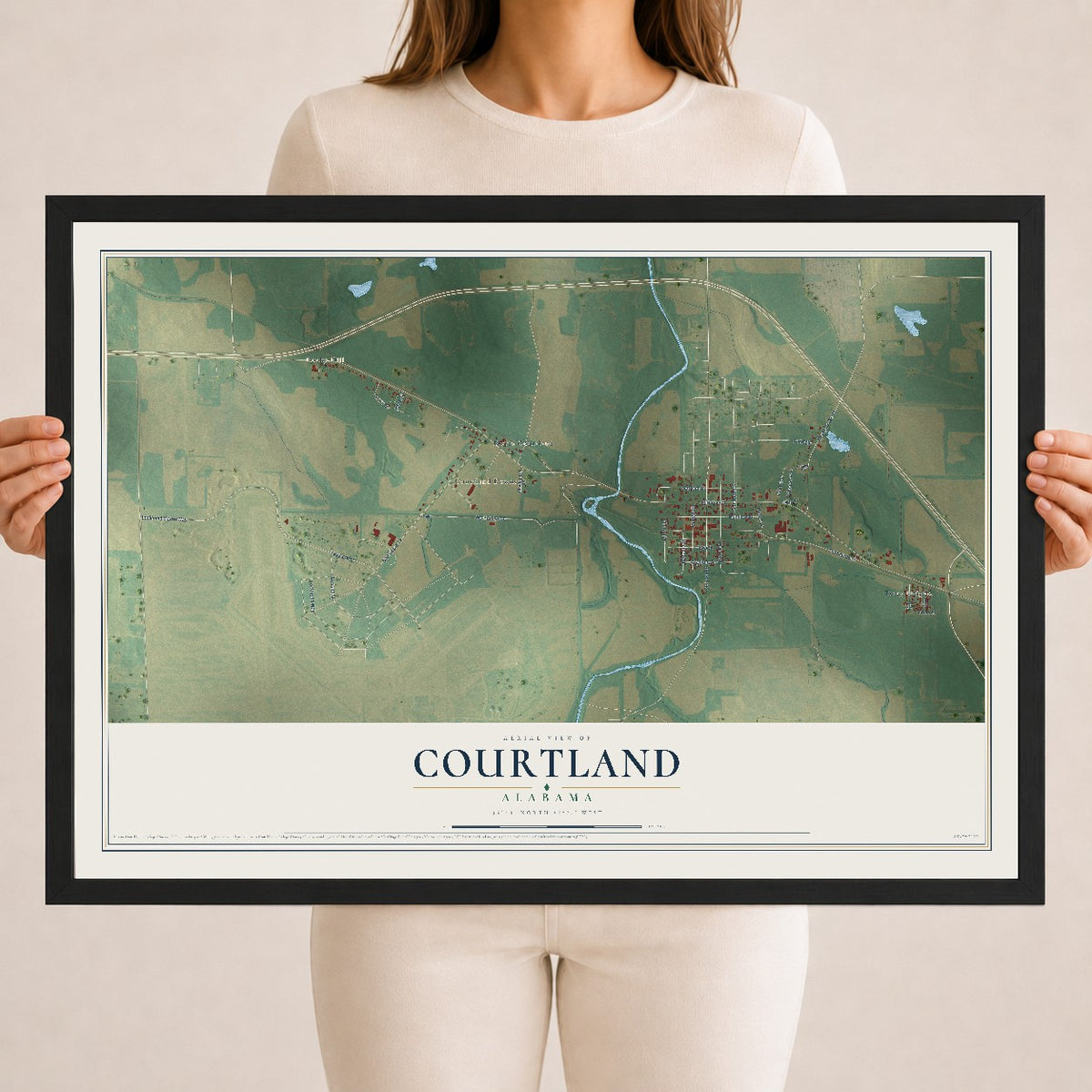 Map of Courtland, Alabama, 18 x 24 inch print in a black wood frame