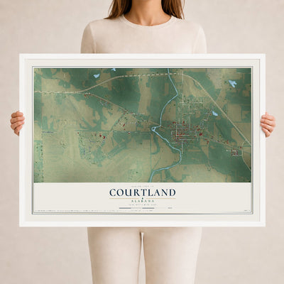 Map of Courtland, Alabama, 24 x 36 inch print in a white wood frame