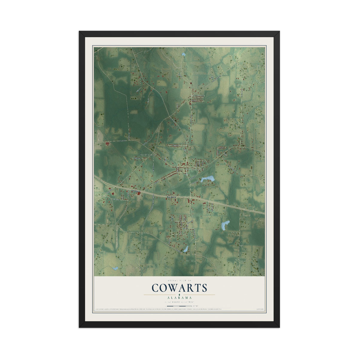 Map of Cowarts, Alabama, 12 x 18 inch print in a black wood frame