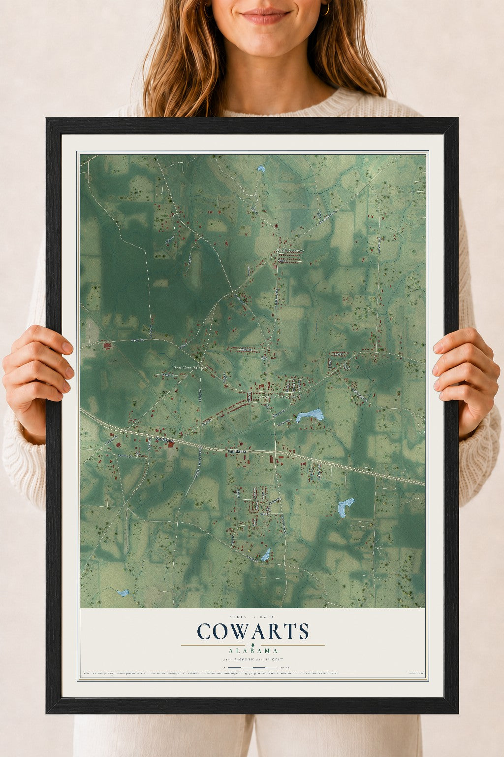 Map of Cowarts, Alabama, 18 x 24 inch print in a black wood frame