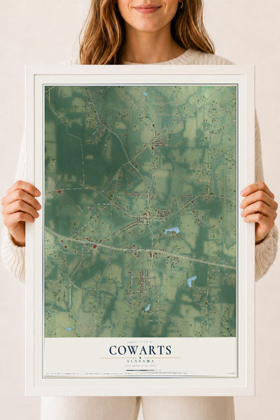 Map of Cowarts, Alabama, 18 x 24 inch print in a white wood frame