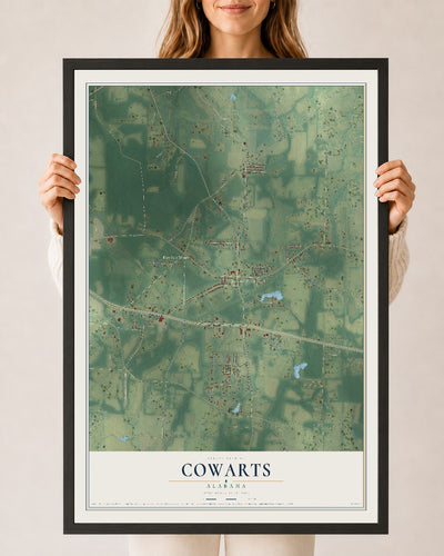 Map of Cowarts, Alabama, 24 x 36 inch print in a black wood frame