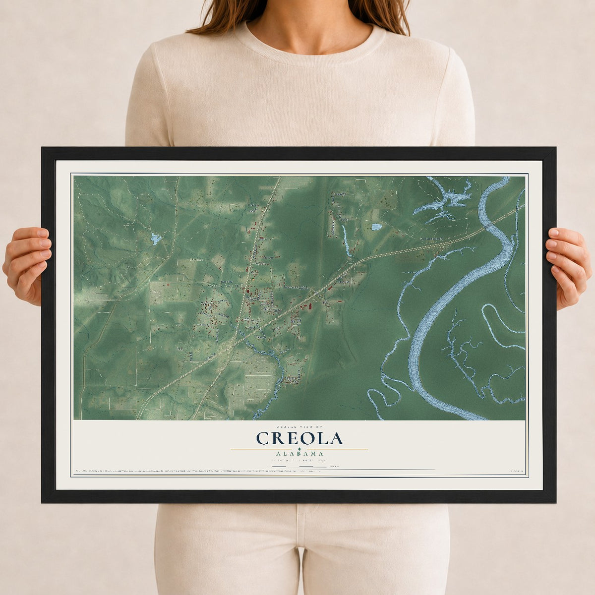 Map of Creola, Alabama, 12 x 18 inch print in a black wood frame