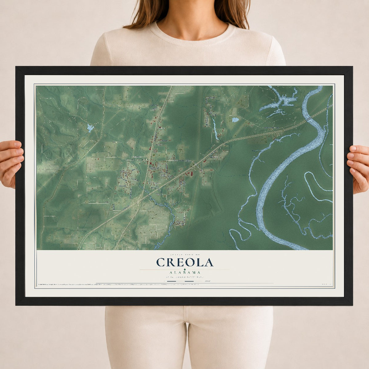 Map of Creola, Alabama, 18 x 24 inch print in a black wood frame