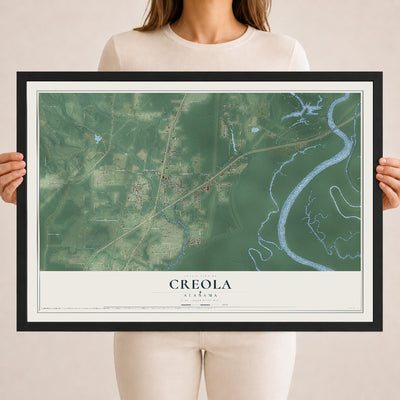 Map of Creola, Alabama, 18 x 24 inch print in a black wood frame