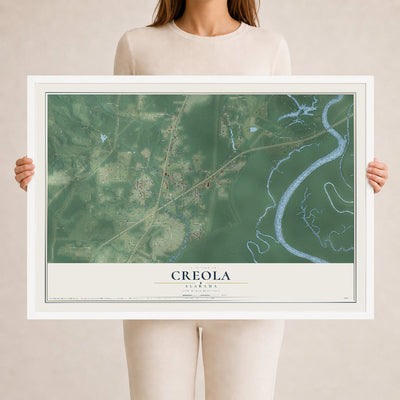 Map of Creola, Alabama, 24 x 36 inch print in a white wood frame